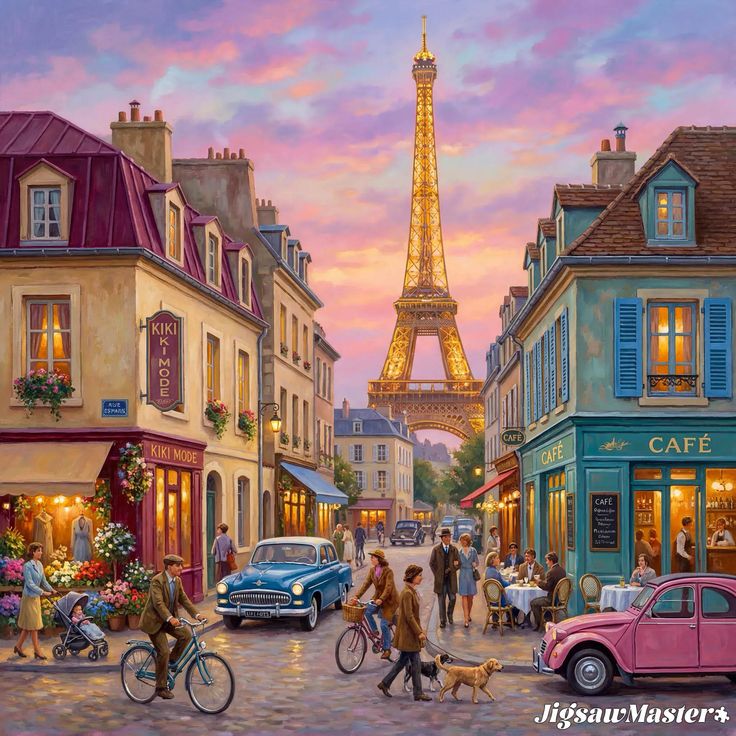 Illustrated Paris street at sunset with the Eiffel Tower, cafés, people, bicycles, and vintage cars