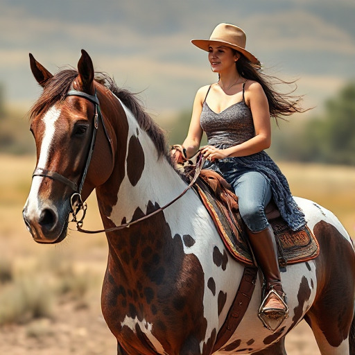 Woman wearing cowboy hat riding a brown and white Appaloosa horse outdoors