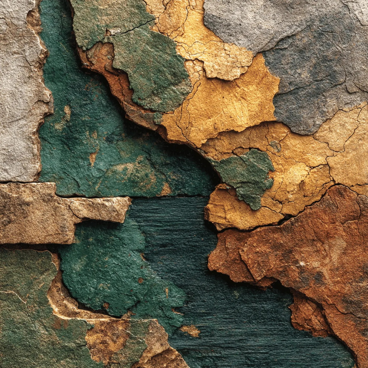 Weathered rock surface with peeling layers in teal, orange, and brown tones showing natural erosion patterns