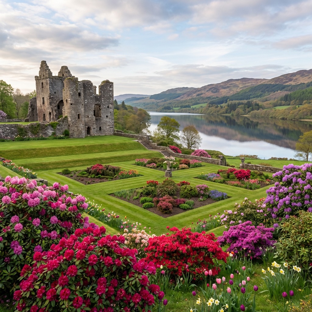 Historic castle ruins beside formal gardens with colorful flowers overlooking a calm lake in Scotland