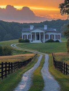 White colonial estate house on hill at sunset with winding driveway through fenced pastures