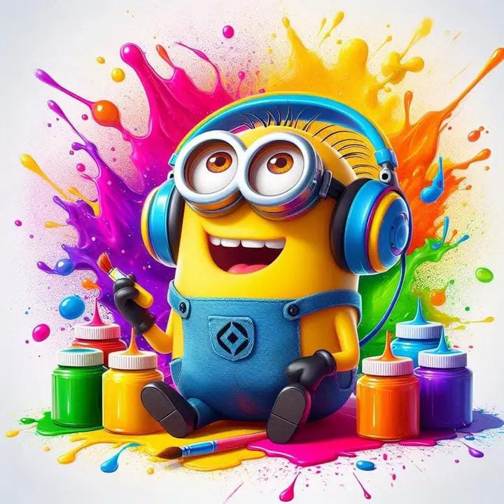 Smiling Minion with headphones surrounded by colorful paint splashes and paint cans