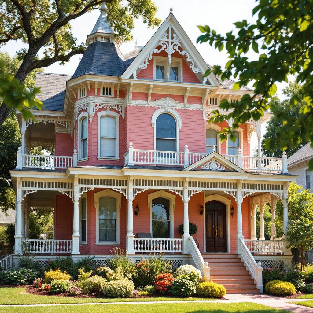 Pink Victorian house with white trim, porch, and front garden framed by trees