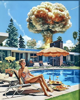 Woman lounging poolside as mushroom cloud rises behind mid-century house
