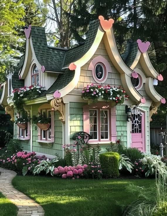 Whimsical cottage with ornate gables, pastel walls, and vibrant flower beds in front yard