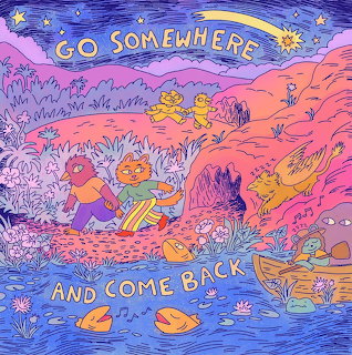 Colorful illustration of cat and bird in dreamy landscape with text 'Go Somewhere and Come Back'