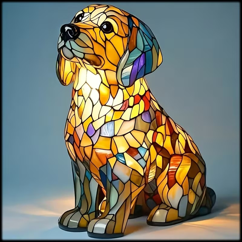 Colorful stained glass style illustration of a seated golden retriever puppy