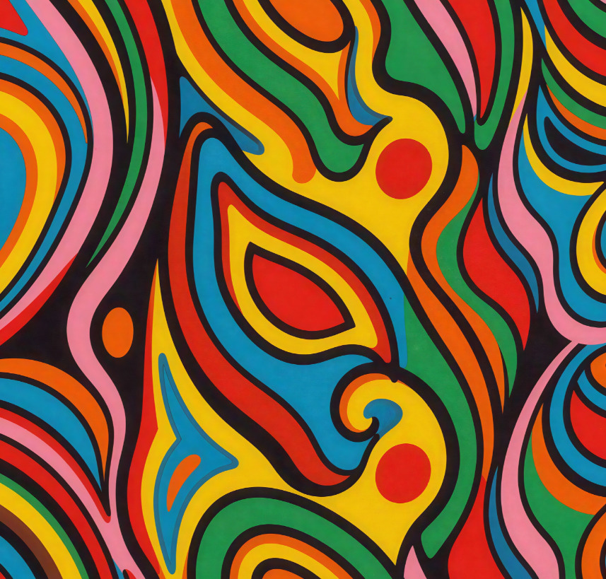 Colorful psychedelic abstract art with flowing swirls and curves in red, yellow, blue, green, orange and pink on black
