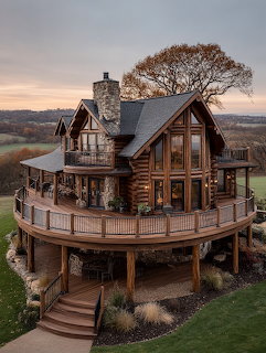 Large rustic log cabin with wraparound deck and stone chimney at sunset