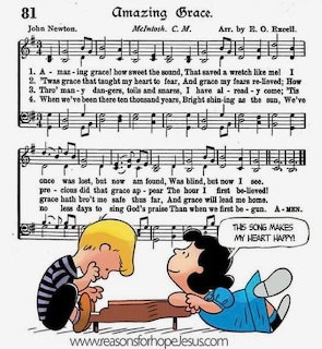 Peanuts comic: Snoopy at piano with Lucy, Amazing Grace sheet music visible above
