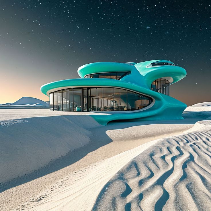 Turquoise futuristic house on white sand dunes under a starry night sky