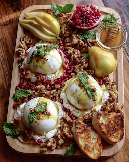 Wooden platter with burrata, pomegranate, pear, walnuts, honey, and bread