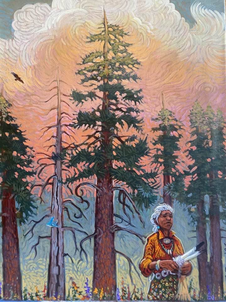 Painting of a woman in a pine forest beneath a pastel sky with a bird overhead