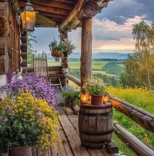 Rustic porch with blooming flowers and lanterns overlooking green hills at sunset
