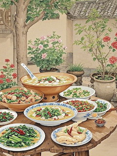 Illustration of multiple Chinese dishes arranged on a table in a courtyard with poted flowers and greenery