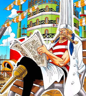 Anime man with beard in white coat reading newspaper on ship deck with striped sails