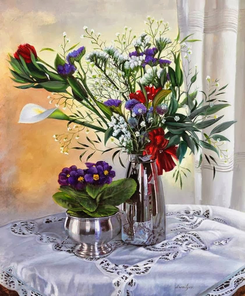 Painting of a floral arrangement in a glass vase with purple primroses in a silver pot on a lace-covered table