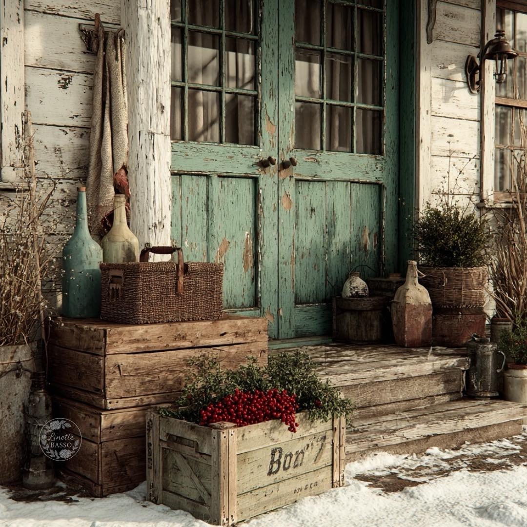 Rustic porch with distressed green doors, wooden crates, bottles, winter greenery, and light snow