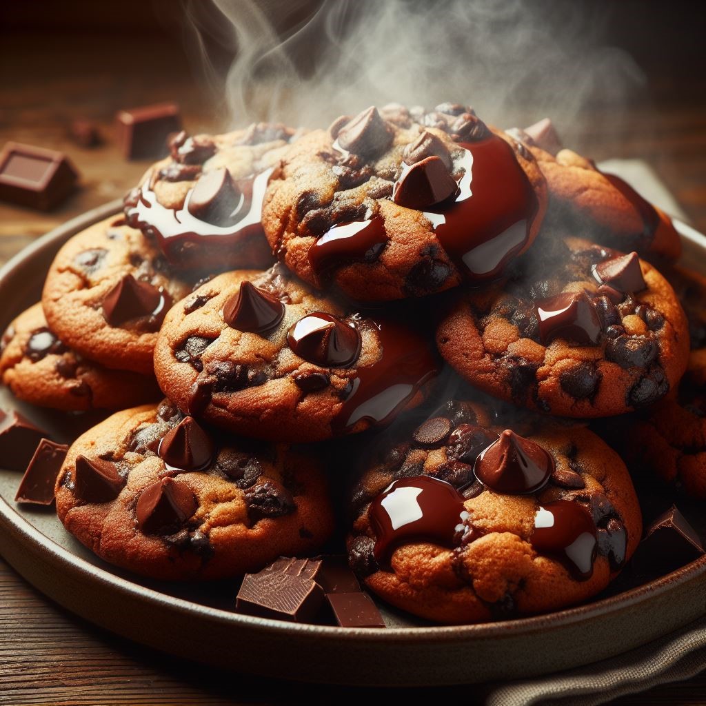Stack of chocolate chip cookies with melting chocolate on dark plate with steam