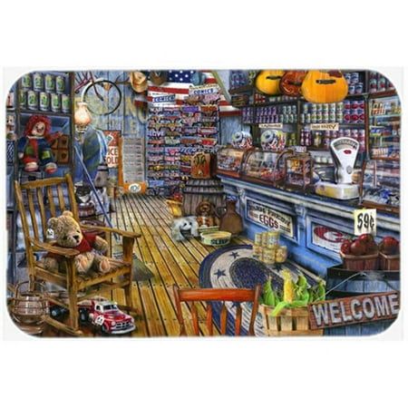 Glass cutting board with vintage general country store illustration