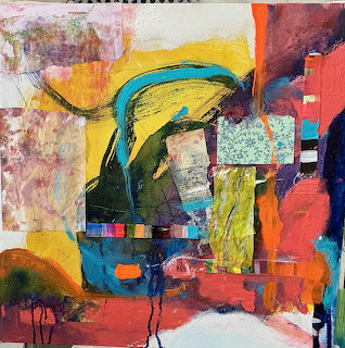 Abstract painting with vibrant colors including yellow, red, blue, and green in bold expressive brushstrokes