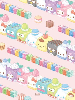 Sanrio characters on colorful alphabet block trains with desserts on a pastel pink background