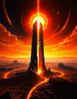 Tall dark tower against bright orange sun with lava flows and dramatic sky