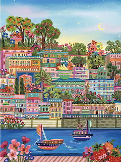 Whimsical illustration of colorful hillside Mediterranean village Port de Sóller with boats and palm trees