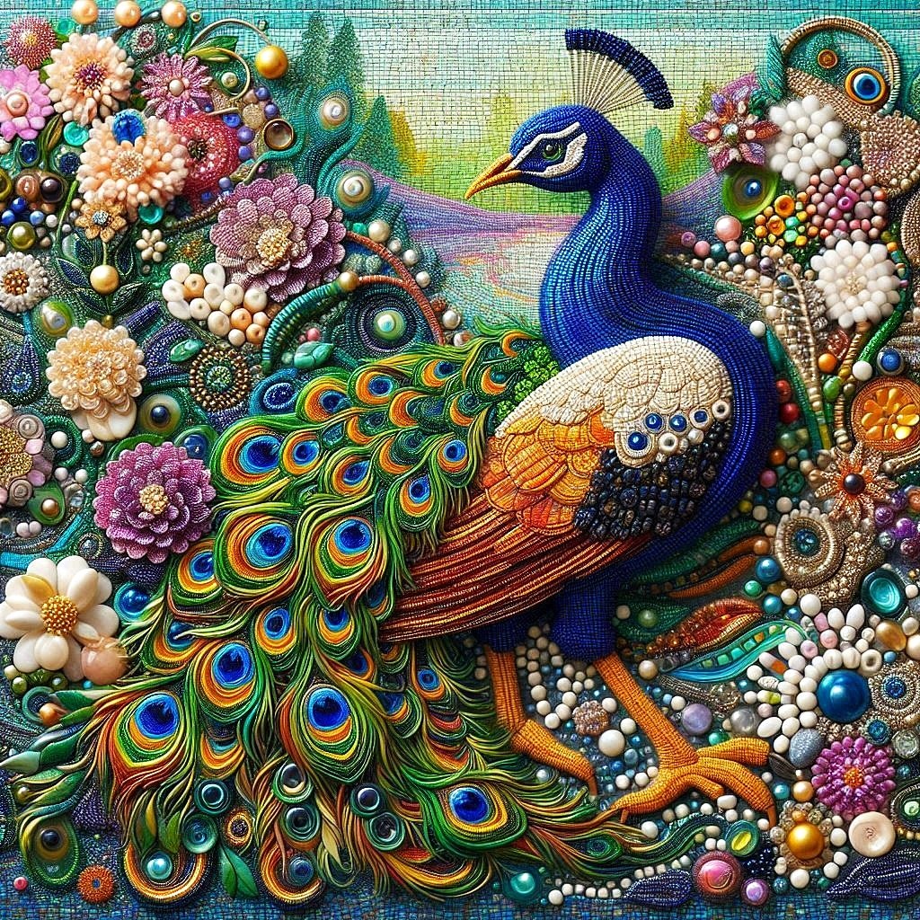 Decorative peacock with elaborate beaded tail feathers surrounded by colorful floral mosaic patterns