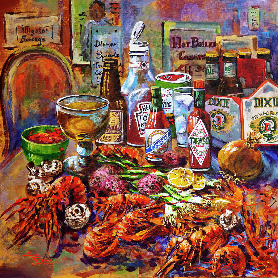 Colorful painting of a table covered with lobsters, crawfish, sauces, drinks, and lemons