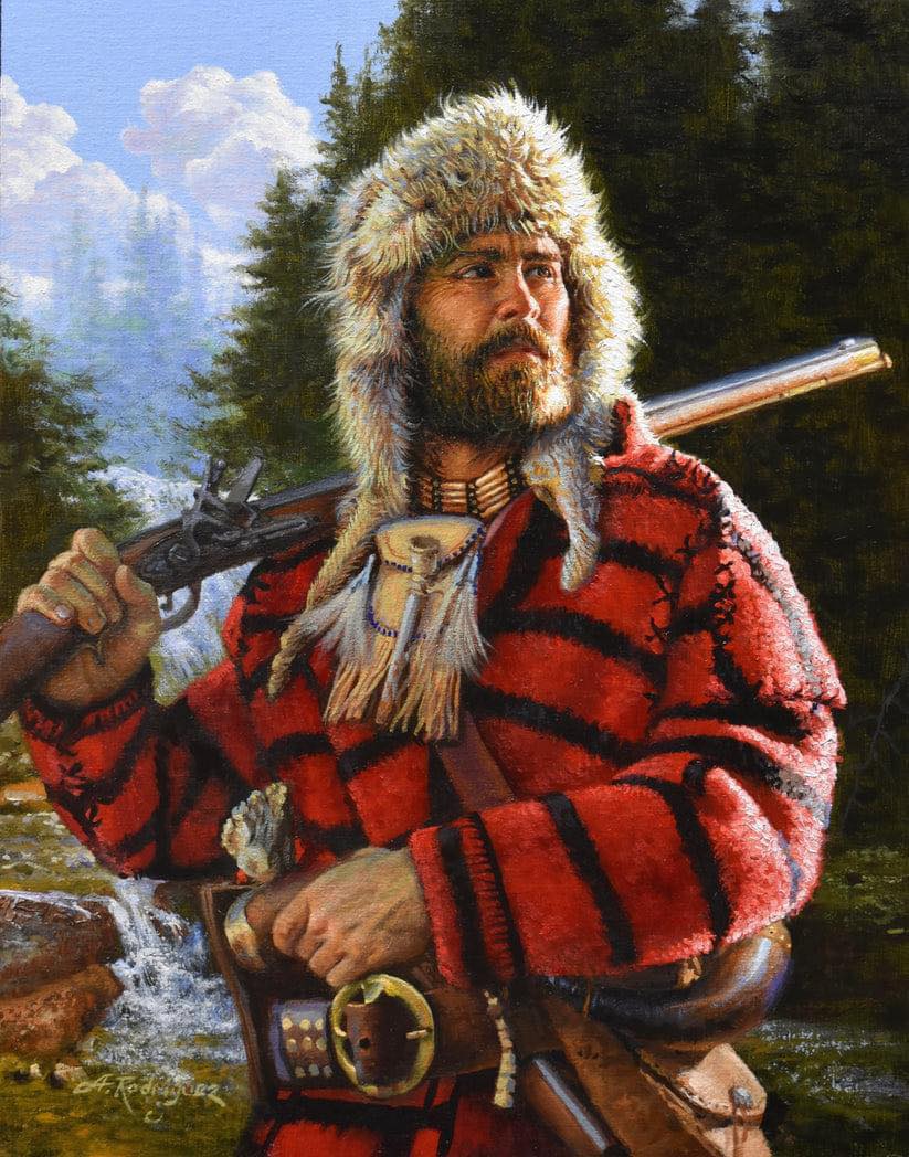 Painting of a bearded trapper in a fur hat and red coat holding a rifle near a stream