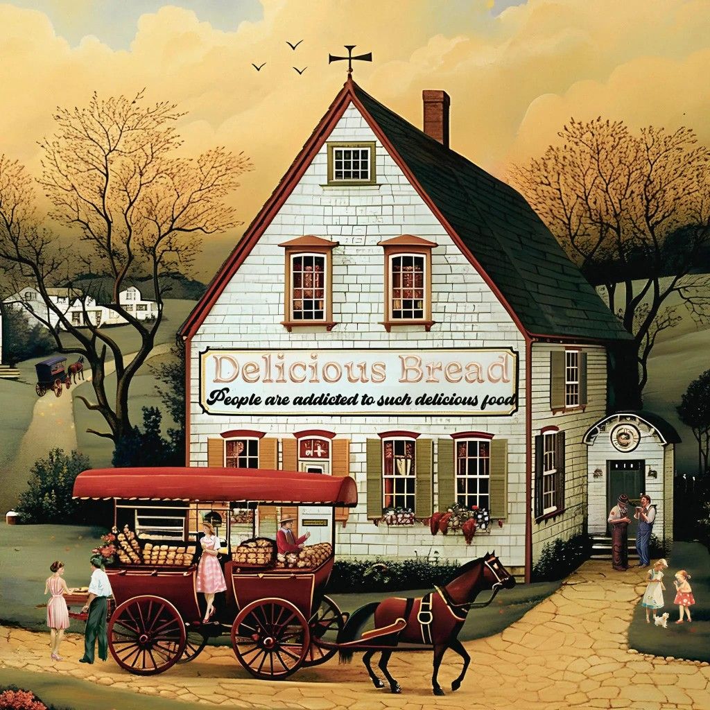 White general store building with horse-drawn wagon and people in folk art style autumn scene