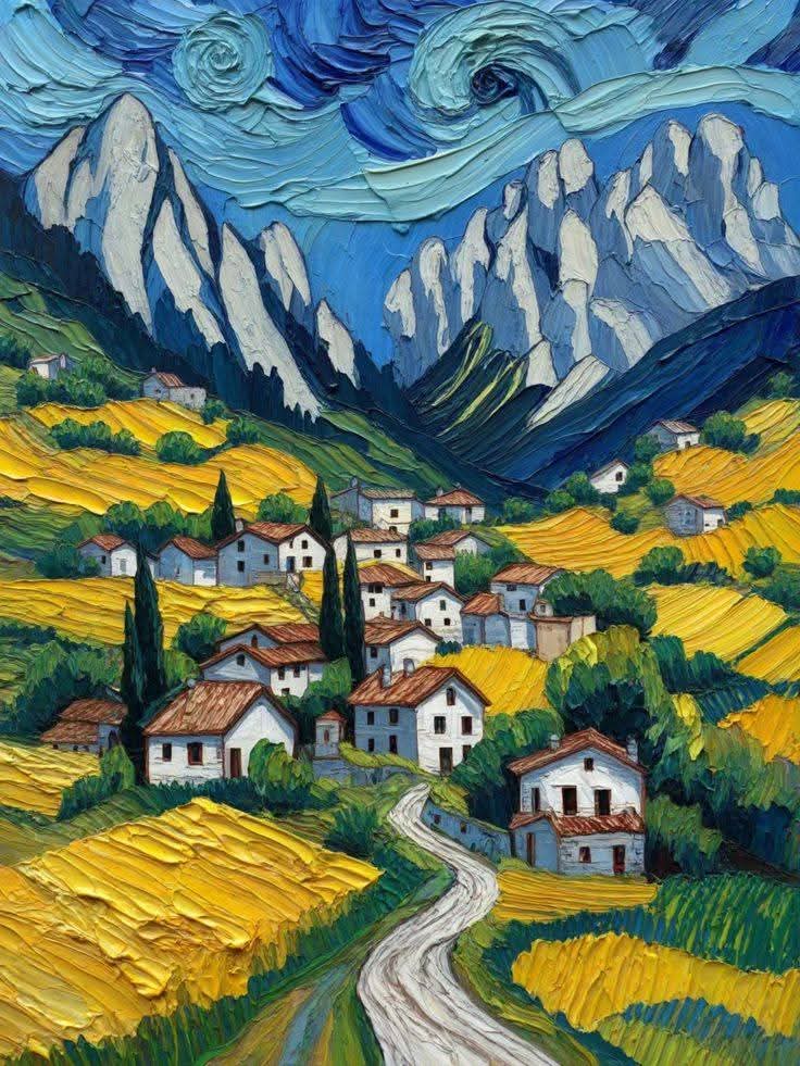 Van Gogh style painting of village in mountain valley with swirling blue sky and golden fields