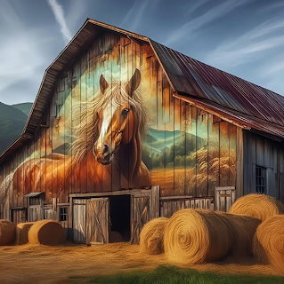 Wooden barn with large horse painting on front, hay bales, cloudy sky