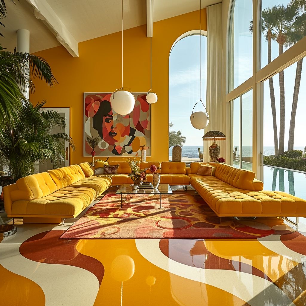 Bright retro living room with orange curved sofa, geometric floor pattern, tall windows, and indoor palm plant