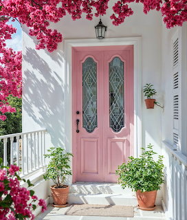 Pink Door White Porch Flowers