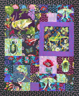 Art quilt collage with insects and frogs on colorful patchwork fabric squares