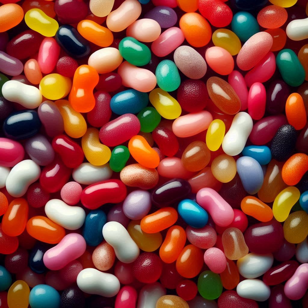 Dense pile of multicolored jellybeans in various shades of red, pink, yellow, green, blue, and white