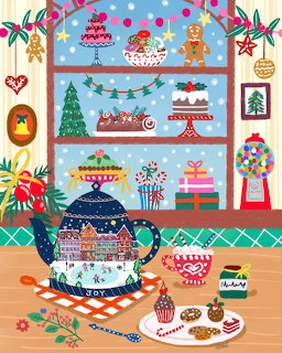 Festive illustration of Christmas-themed kitchen shelves with decorative cakes, cookies, teapot, and holiday treats