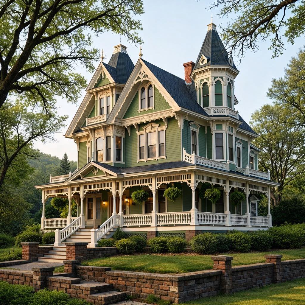 Victorian mansion with turret, wraparound porch, and ornate architectural details surrounded by trees