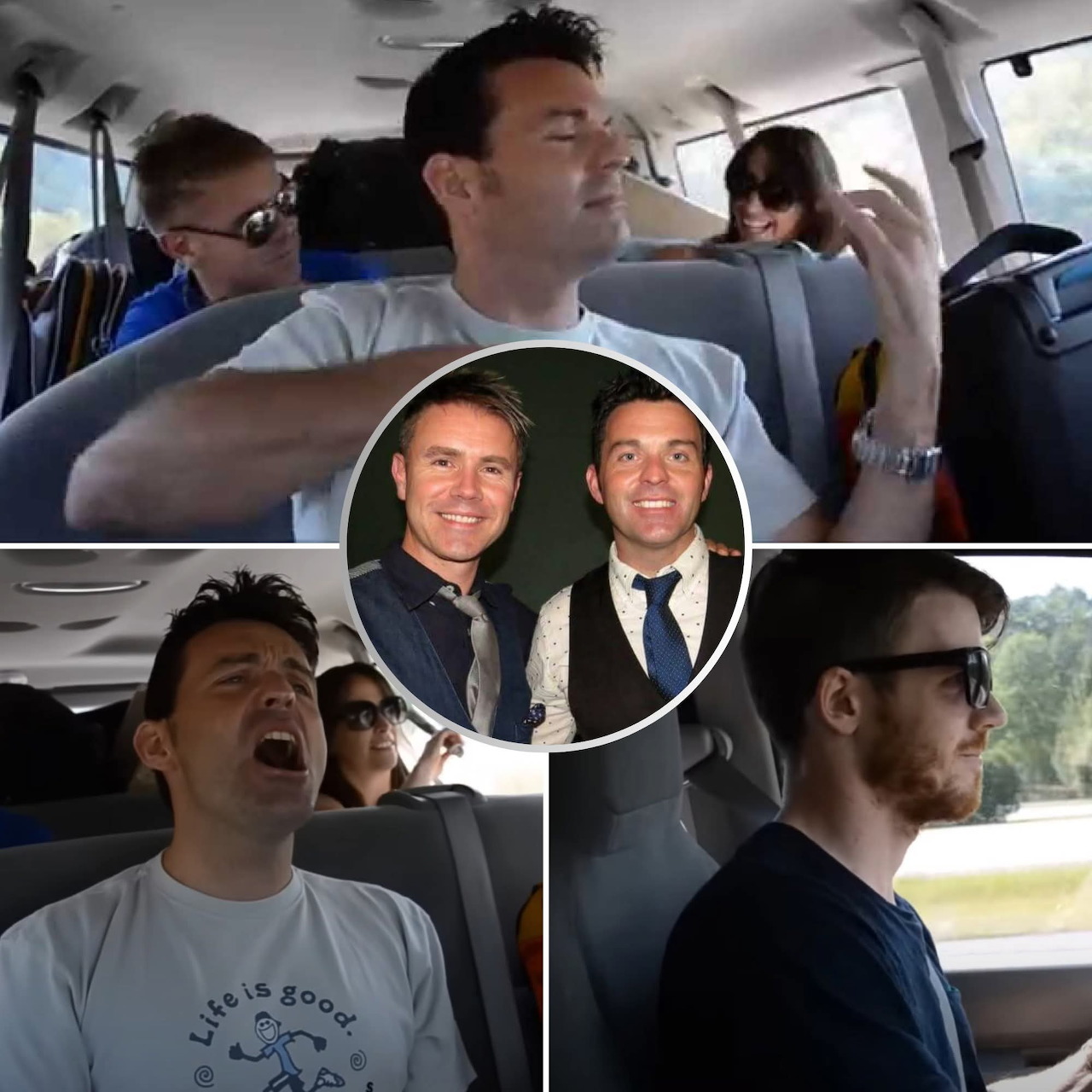 Friends sitting and laughing together inside a bus during a trip