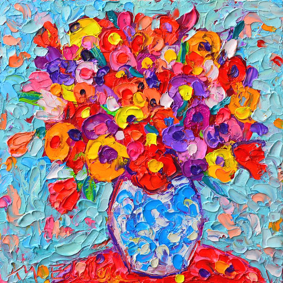 Impressionist painting of colorful flowers in decorative vase with thick impasto brushstrokes