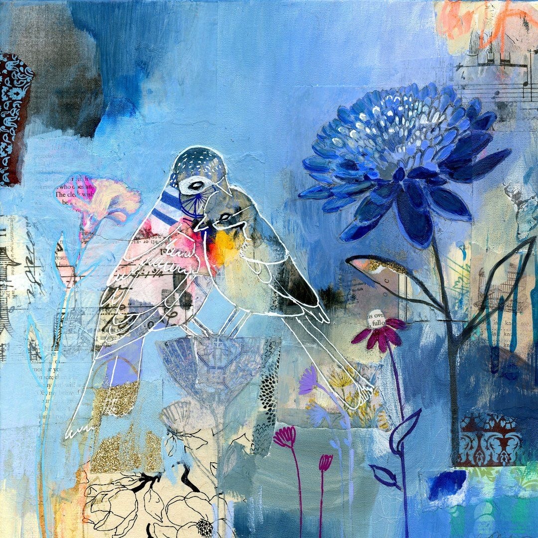 Mixed media art of two birds with blue flower, butterflies and botanical elements in blue and pastel colors