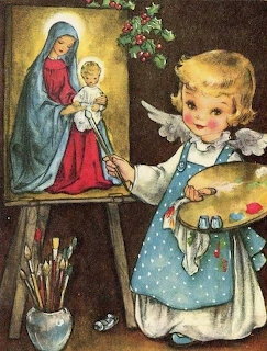 Young girl in blue dress painting nativity scene showing Mary holding baby Jesus