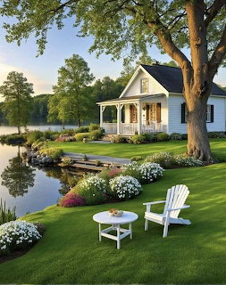 White cottage with porch beside lake with chairs and flower beds on green lawn