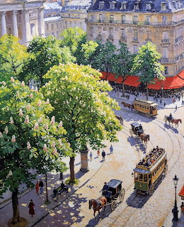 Painting of a busy Paris street with trams, horse-drawn carriages, trees, and classical buildings