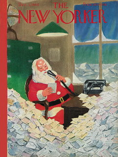 Illustrated New Yorker cover of Santa Claus reading letters at a desk with typewriter and green lamp