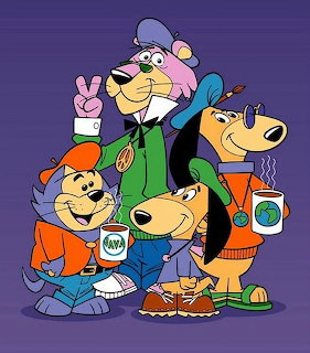 Four cartoon dogs in colorful outfits standing together in a family portrait style on purple background