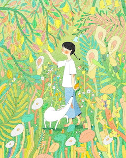 Illustration of girl in white with goat among yellow-green plants and lemons