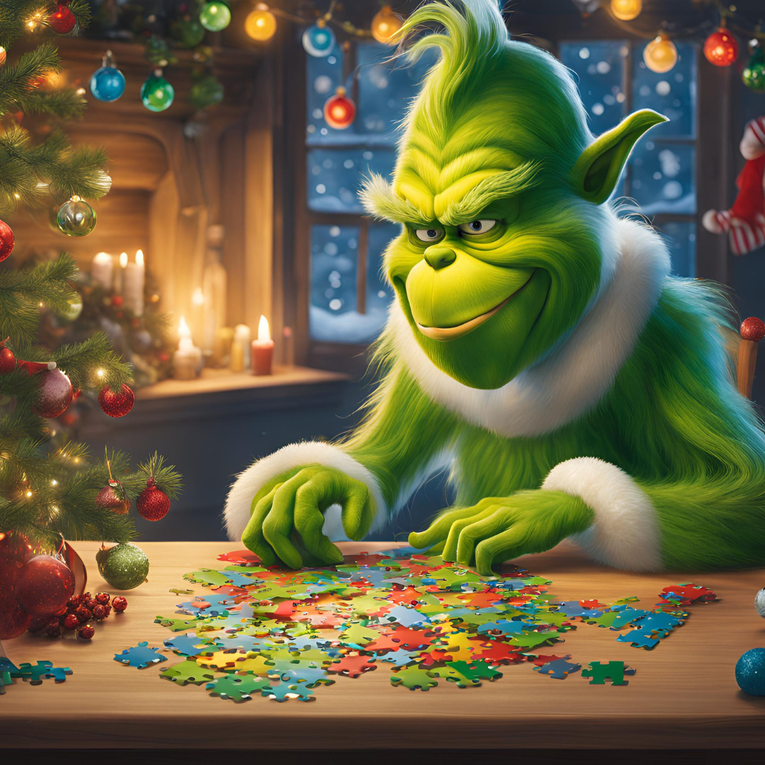 Green furry Grinch character working on a jigsaw puzzle beside a Christmas tree